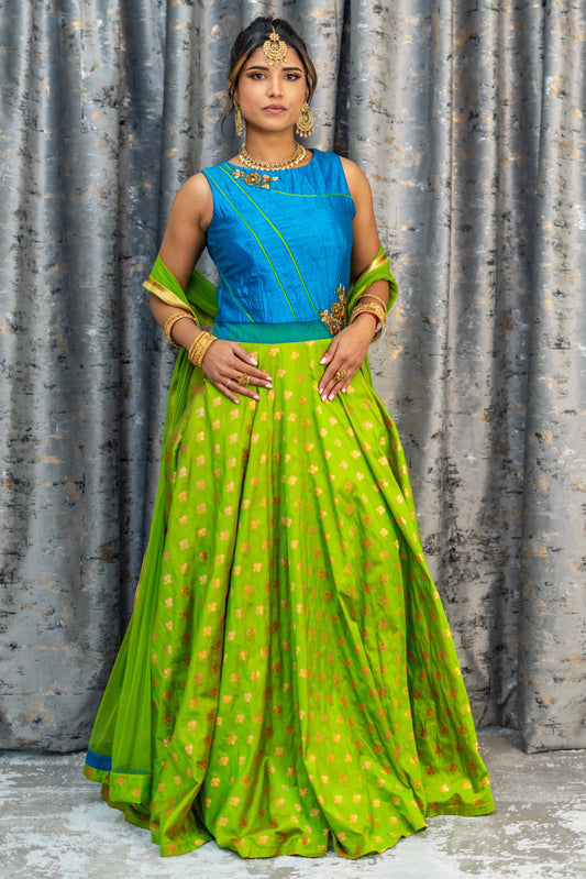 Blue & Green Soft Brocade Punjabi Set