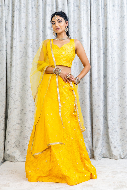 Yellow Cotton Lehenga Choli with Embroidery Work