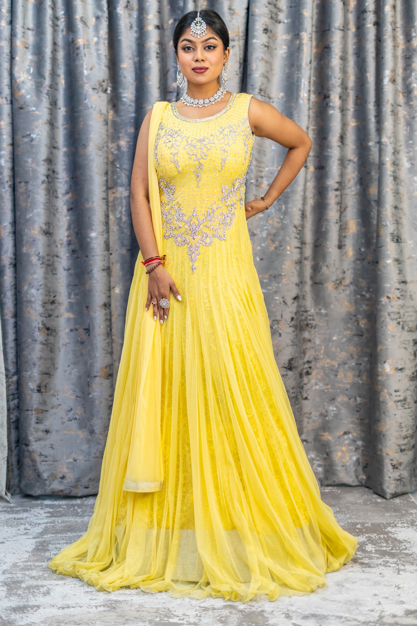Yellow Punjabi Set with Silver Swarovski Stone Work