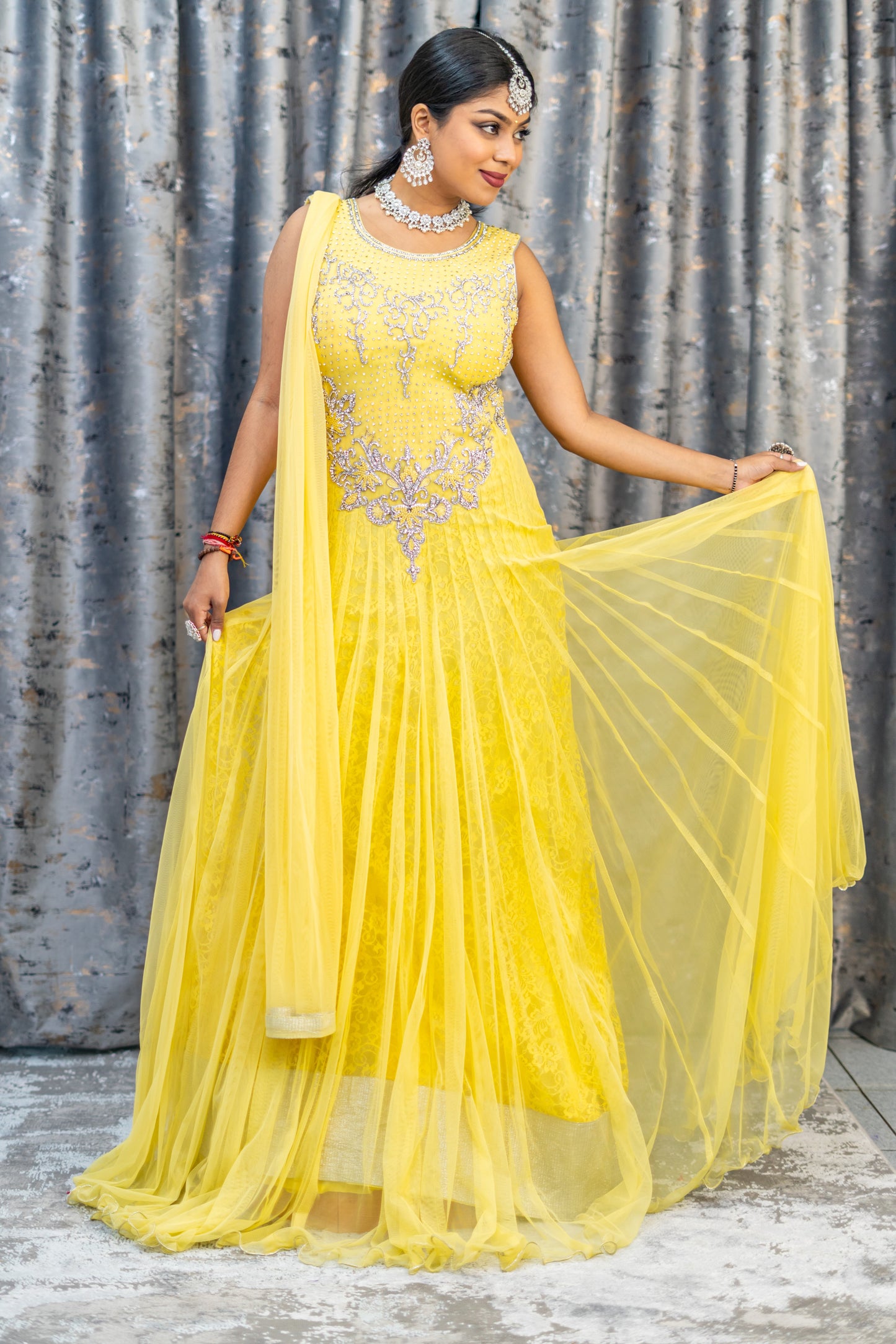 Yellow Punjabi Set with Silver Swarovski Stone Work