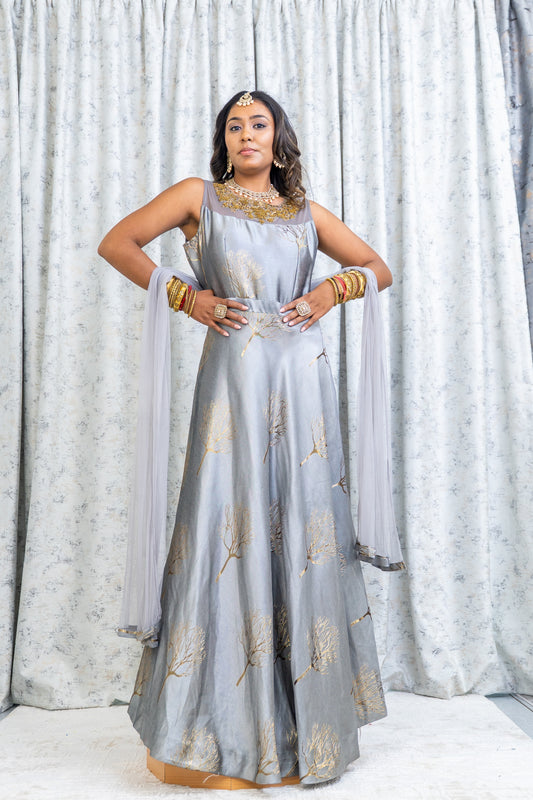 Grey Cotton Punjabi Set with Print
