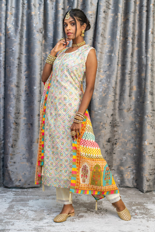 White Colourful Cotton Punjabi Set with Embroidery