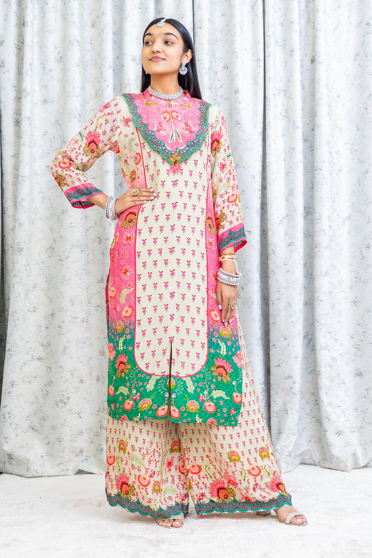 Colourful Printed Chinon Silk Punjabi Set