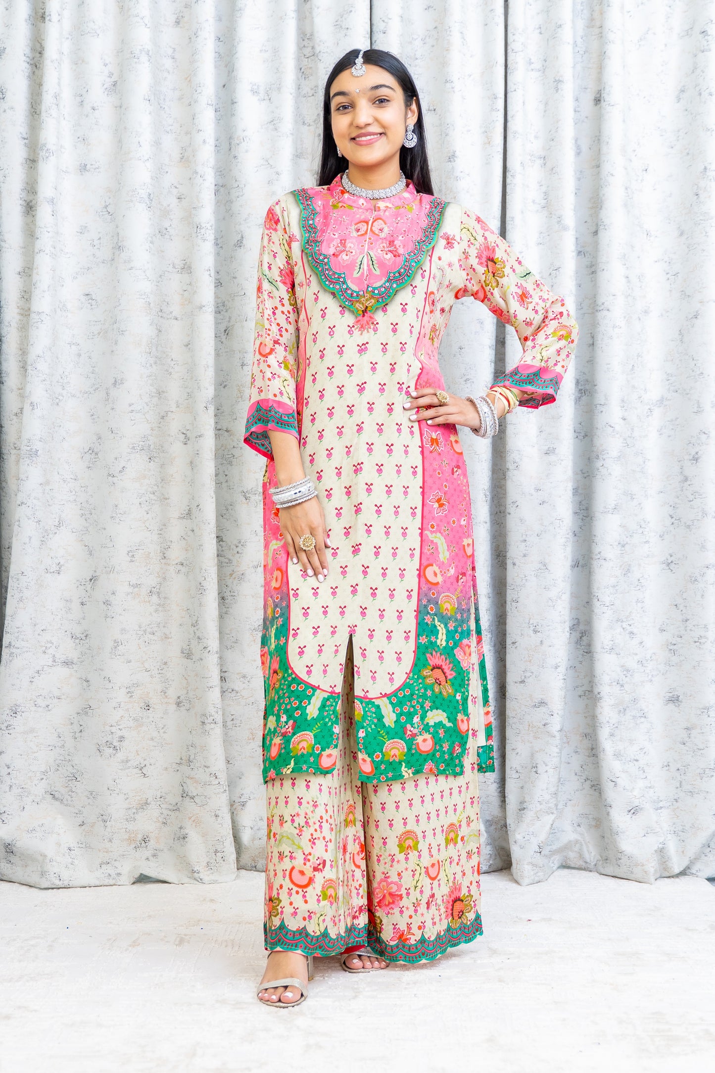 Colourful Printed Chinon Silk Punjabi Set