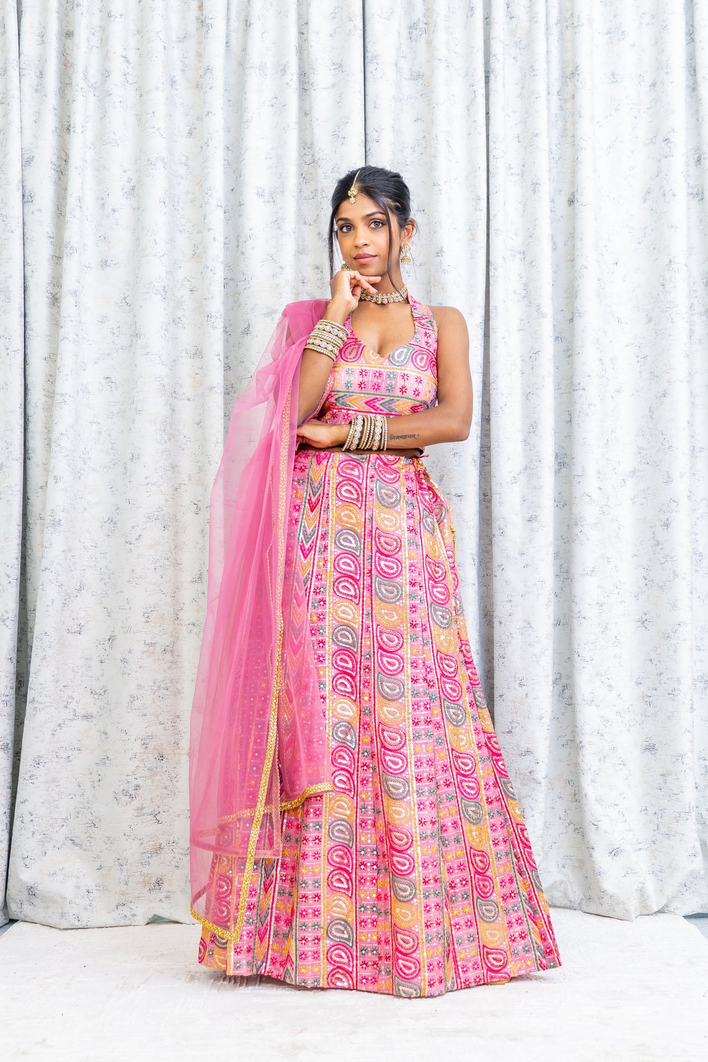 Pink Colourful Cotton Lehenga Choli with Embroidery Work