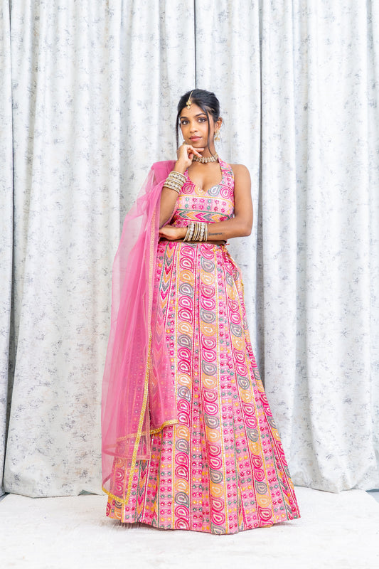 Pink Colourful Cotton Lehenga Choli with Embroidery Work