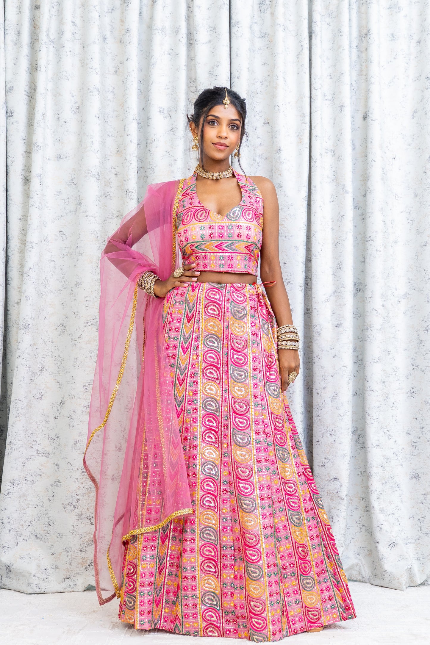 Pink Colourful Cotton Lehenga Choli with Embroidery Work
