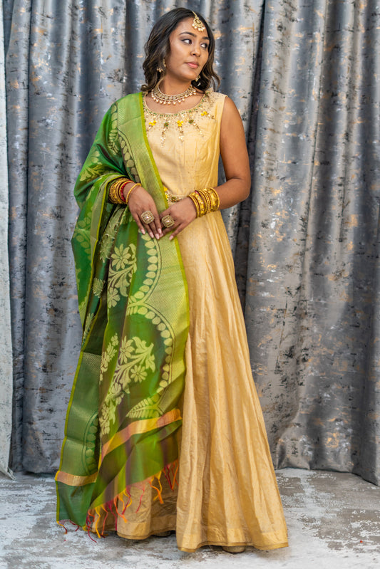 Creamy Gold Cotton Punjabi Set with Contrast Dupatta