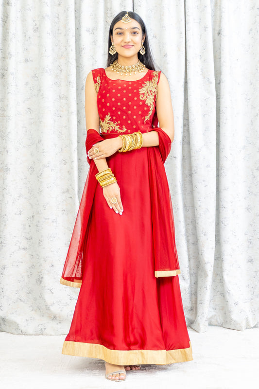 Red Chinon Silk Punjabi Set