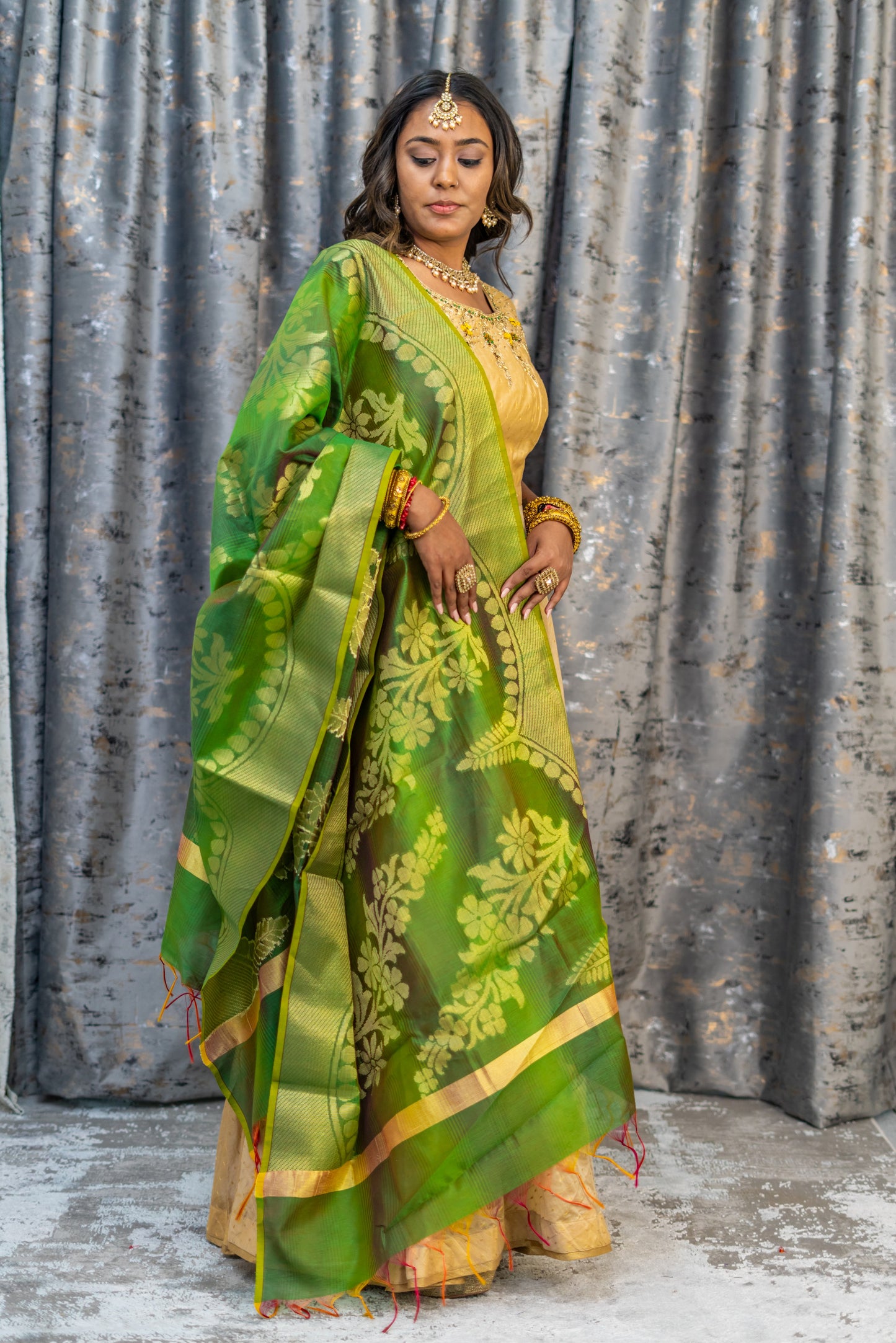 Creamy Gold Cotton Punjabi Set with Contrast Dupatta