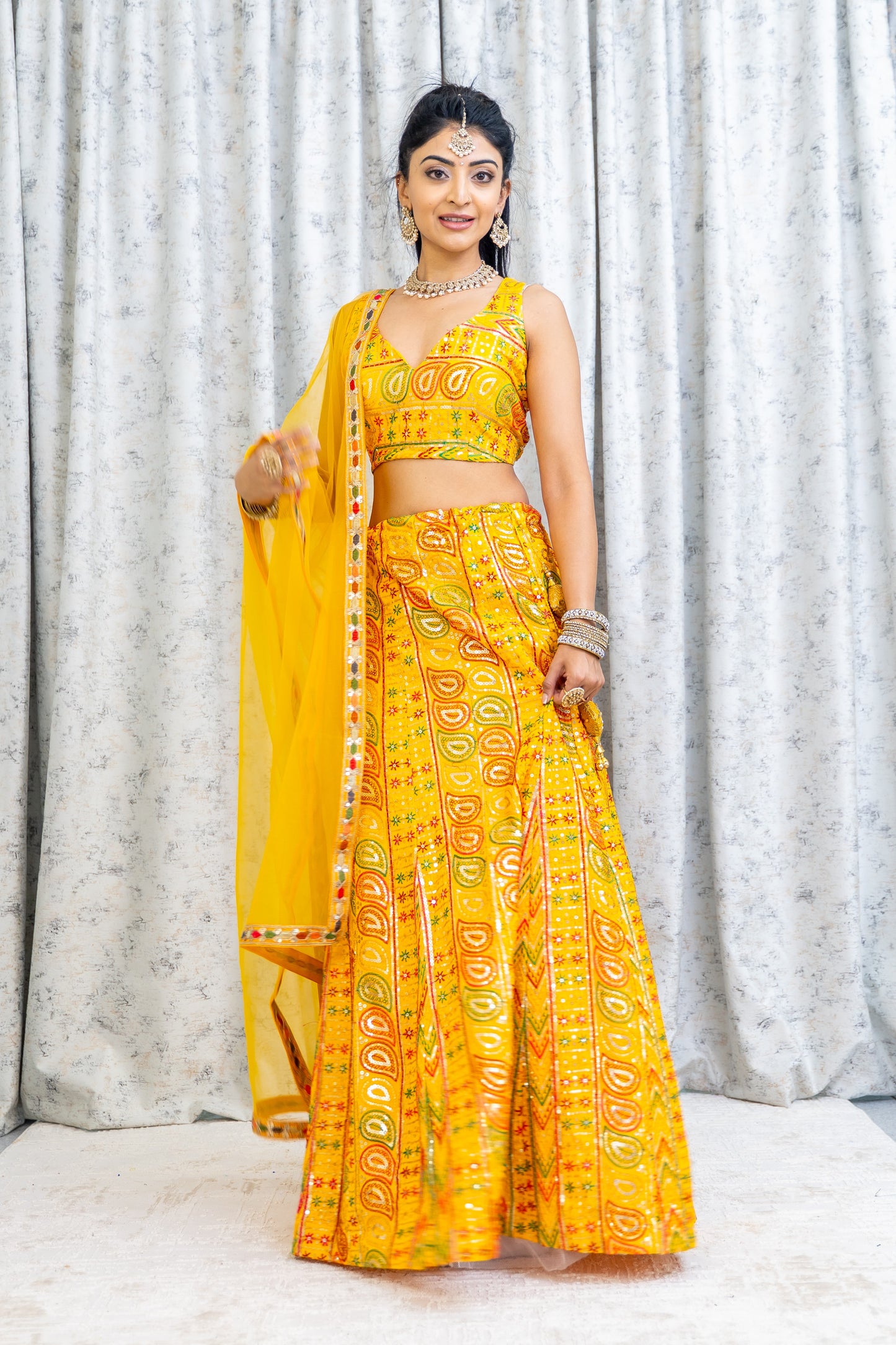 Yellow Colourful Cotton Lehenga Choli with Embroidery Work