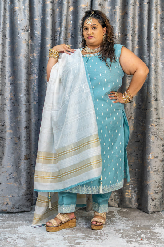 Blue Chinon Silk Punjabi Set with Embroidery