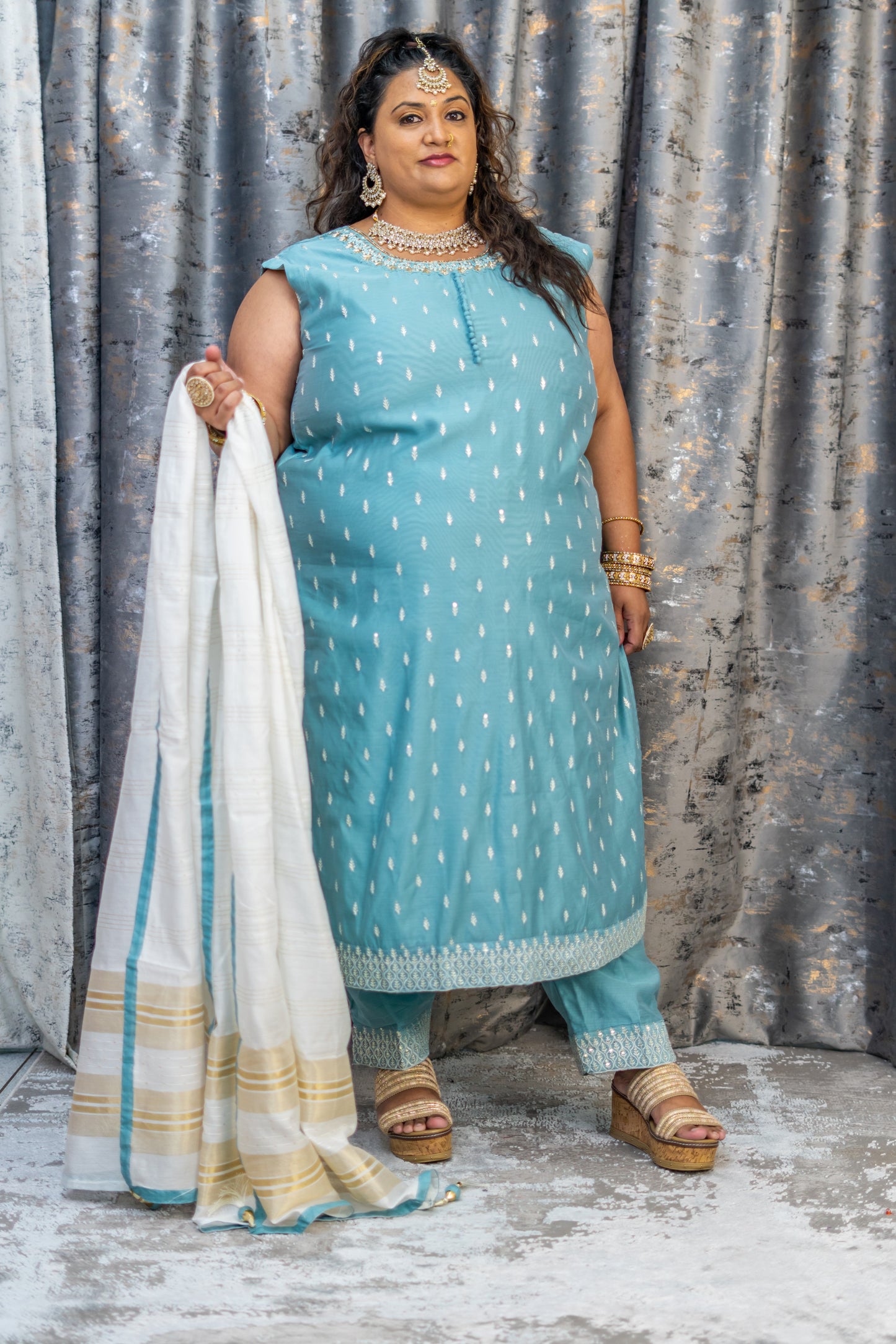 Blue Chinon Silk Punjabi Set with Embroidery