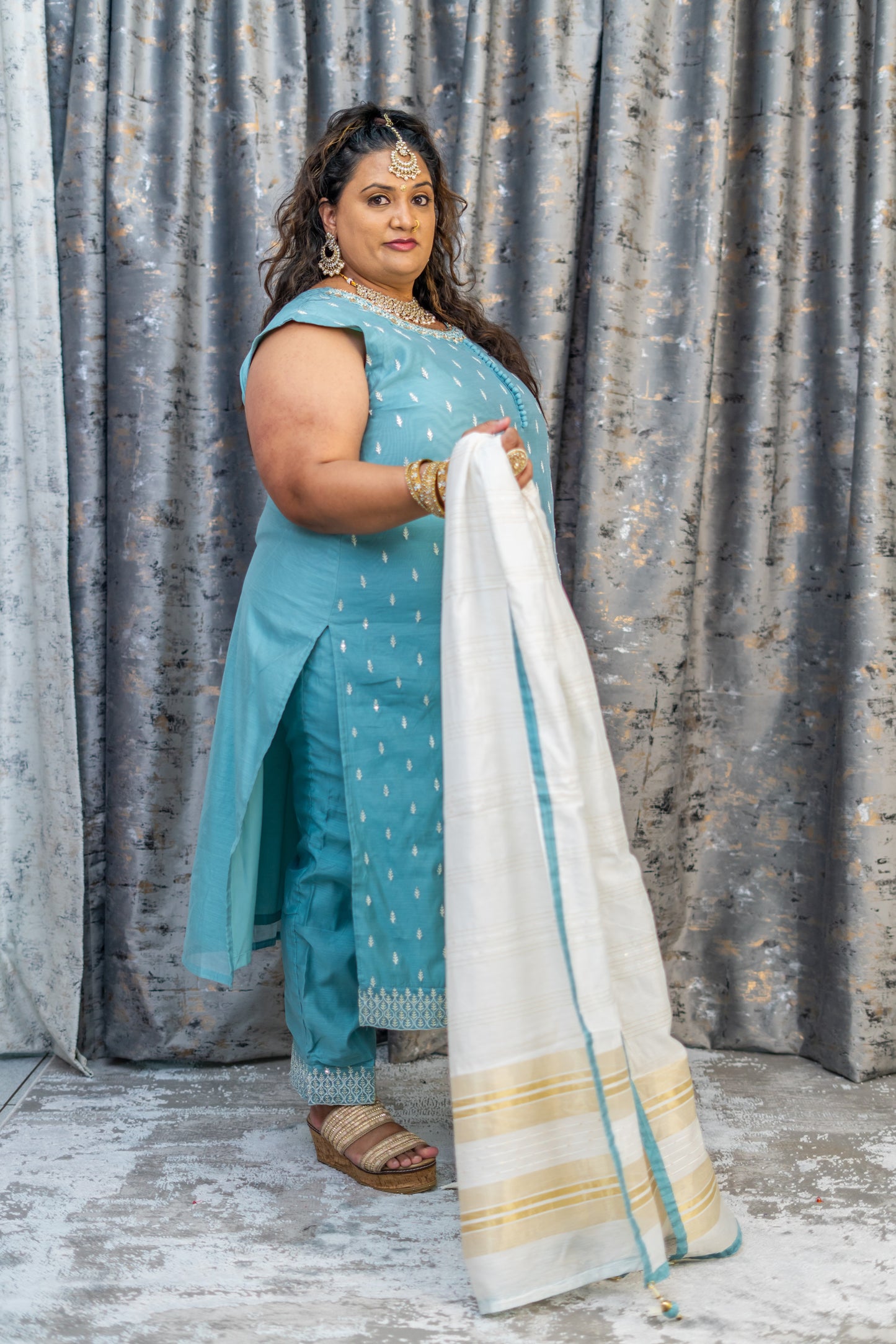 Blue Chinon Silk Punjabi Set with Embroidery