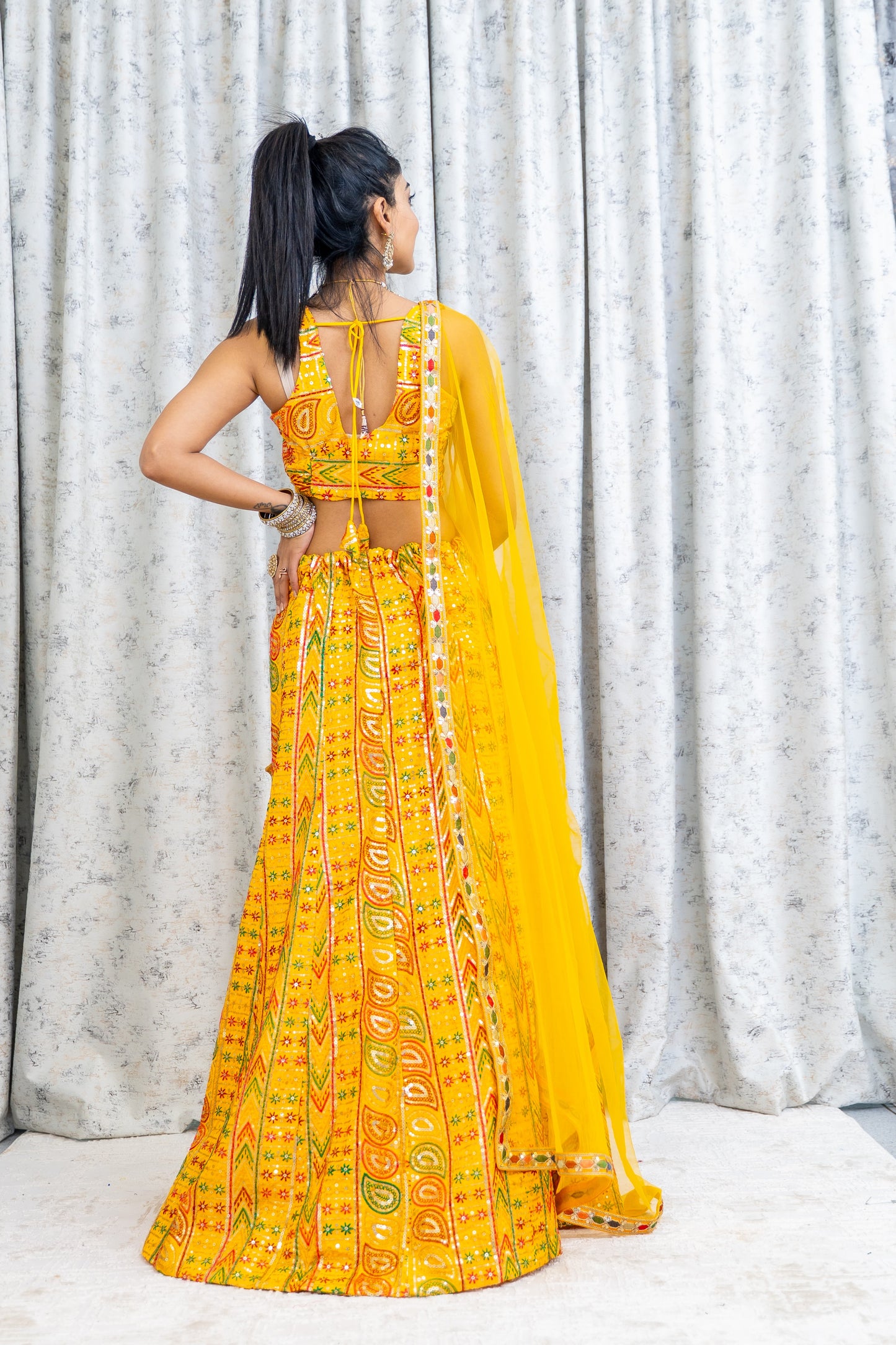 Yellow Colourful Cotton Lehenga Choli with Embroidery Work