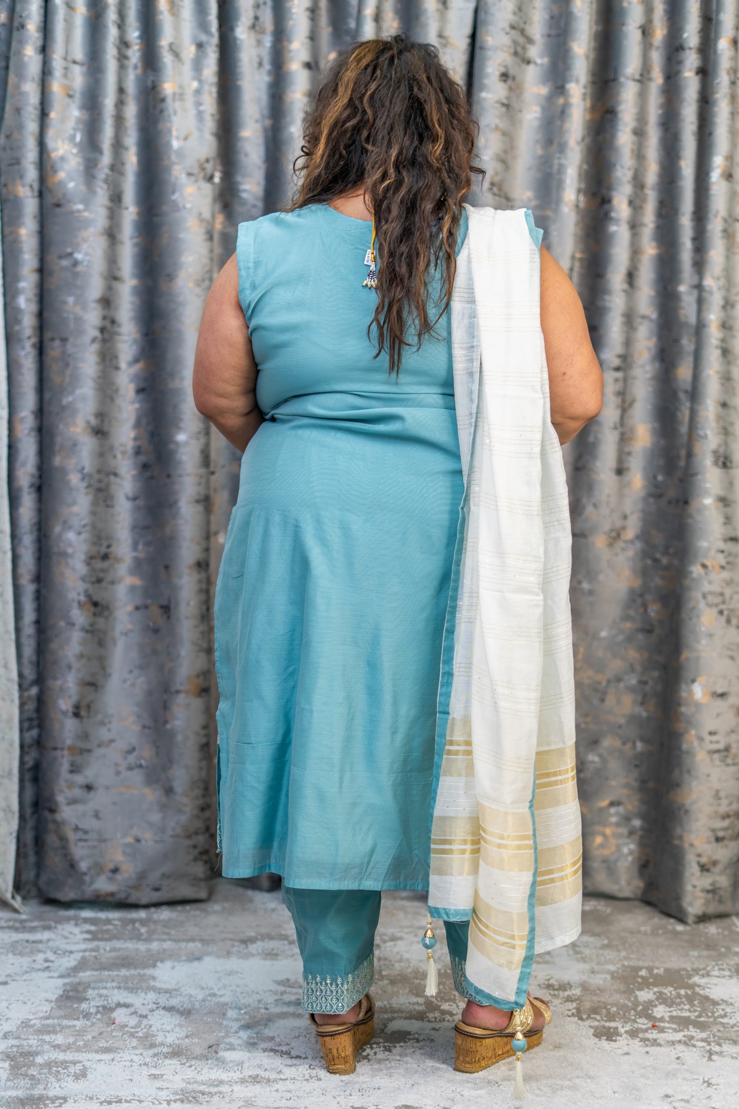 Blue Chinon Silk Punjabi Set with Embroidery