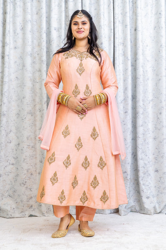 Peach Raw Silk Punjabi Set with Swarovski Stone Work