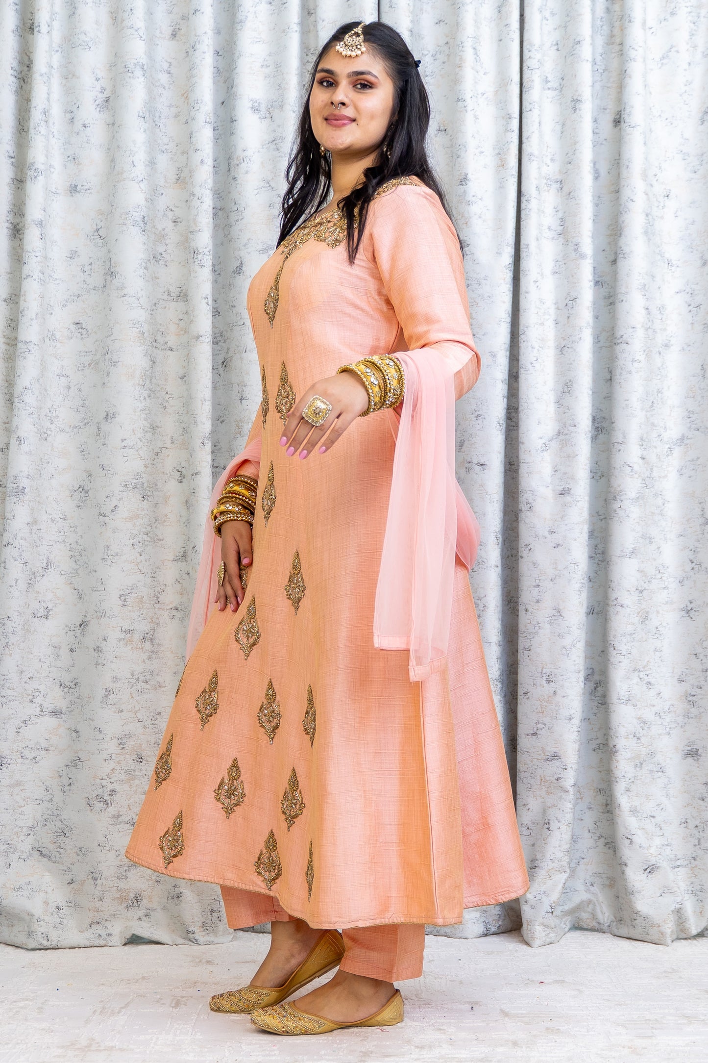 Peach Raw Silk Punjabi Set with Swarovski Stone Work