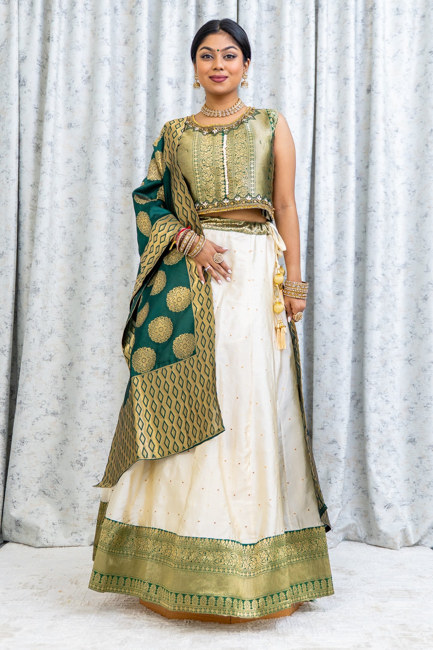 Cream & Green Brocade Border Lehenga Choli Set