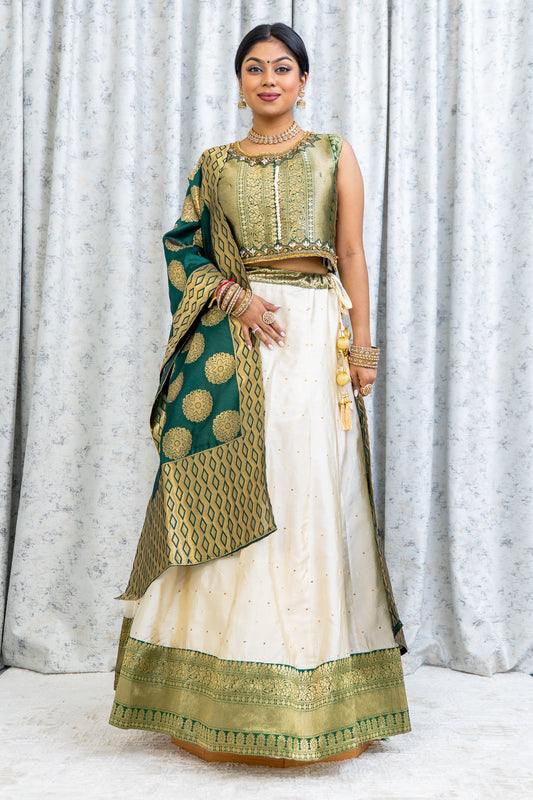 Cream & Green Brocade Border Lehenga Choli Set