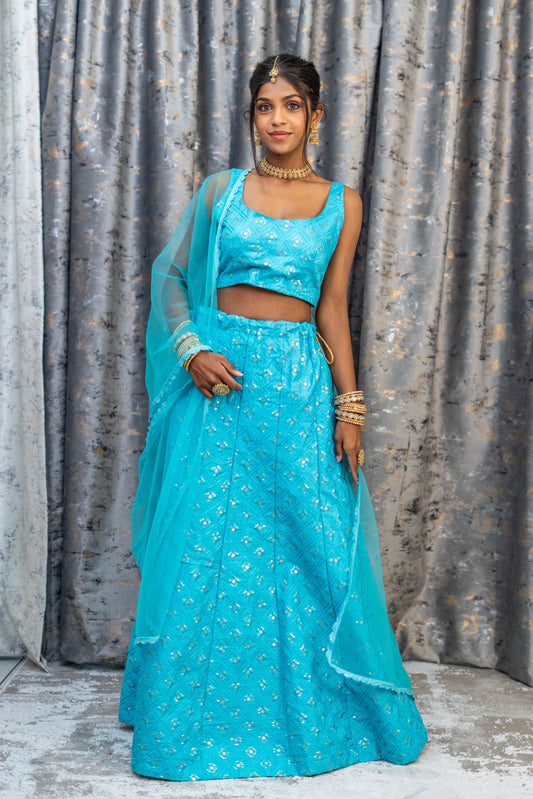 Blue Cotton Lehenga Set with Embroidery
