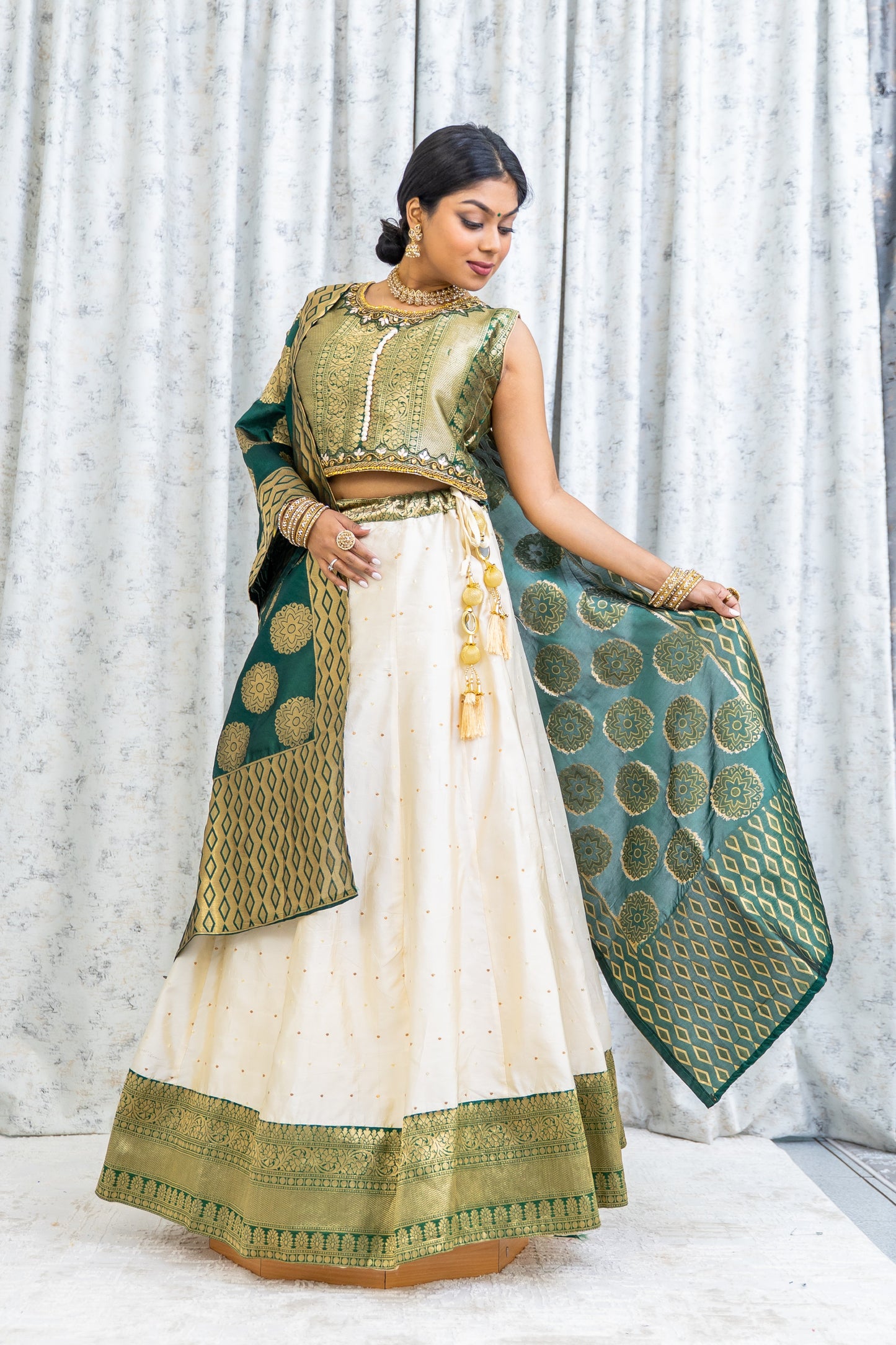 Cream & Green Brocade Border Lehenga Choli Set