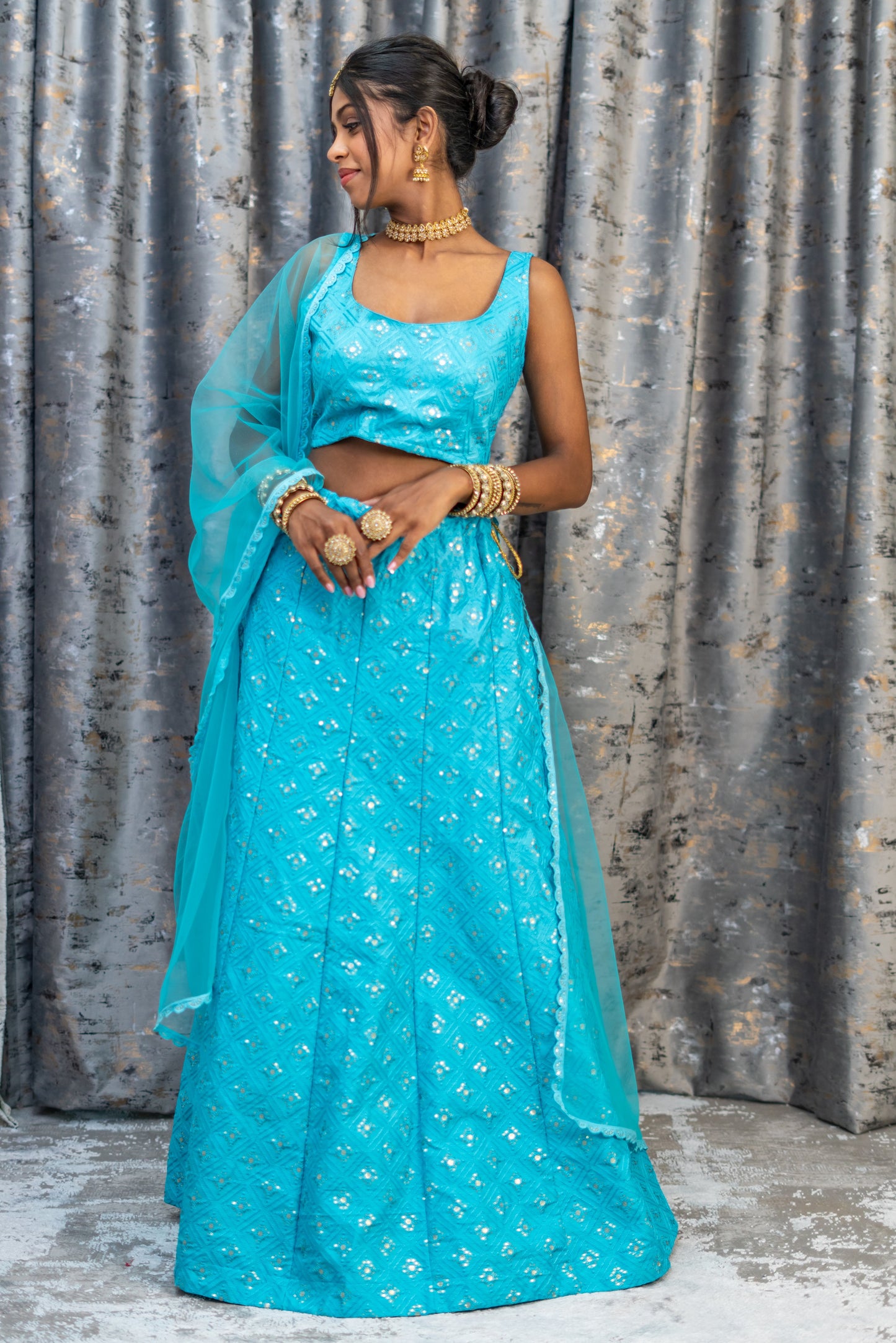 Blue Cotton Lehenga Set with Embroidery