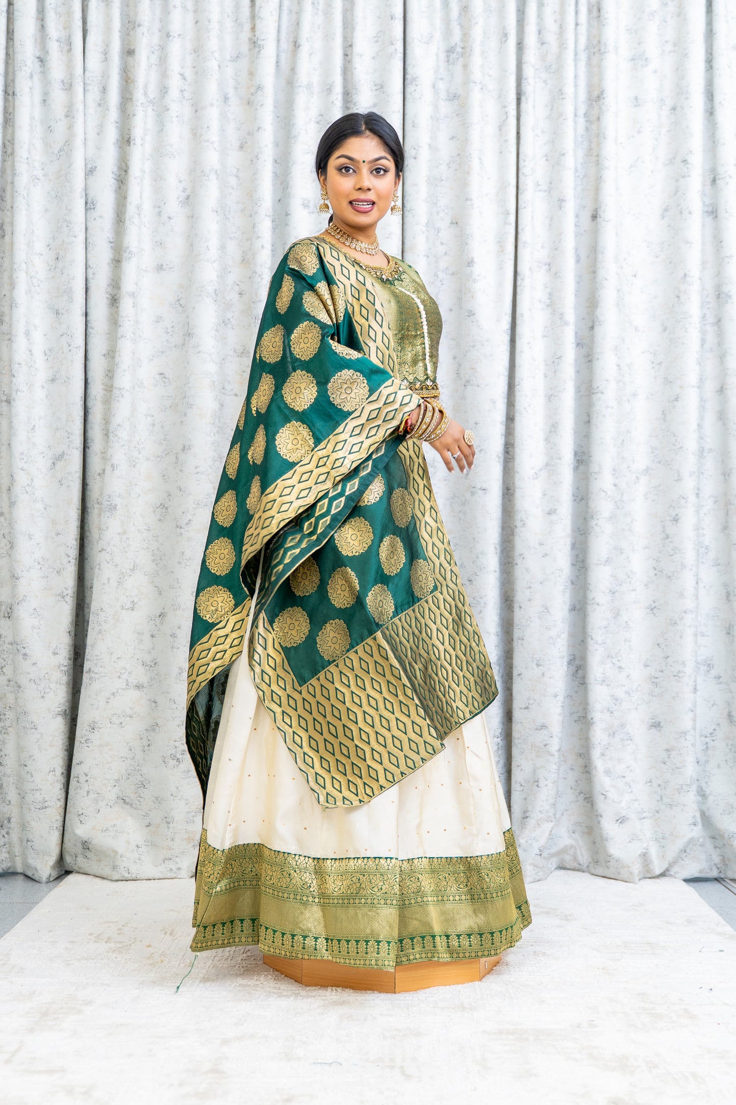 Cream & Green Brocade Border Lehenga Choli Set