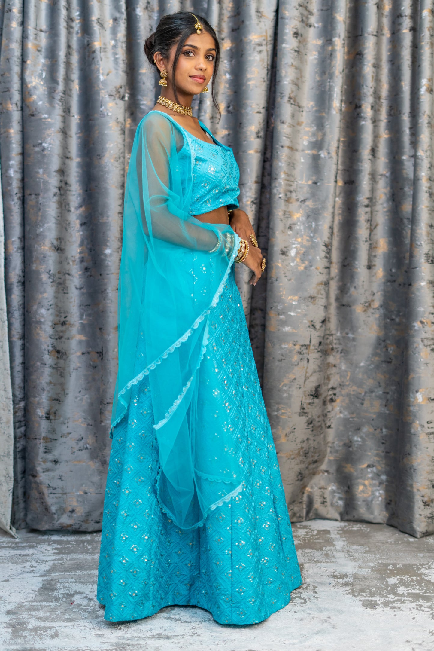 Blue Cotton Lehenga Set with Embroidery