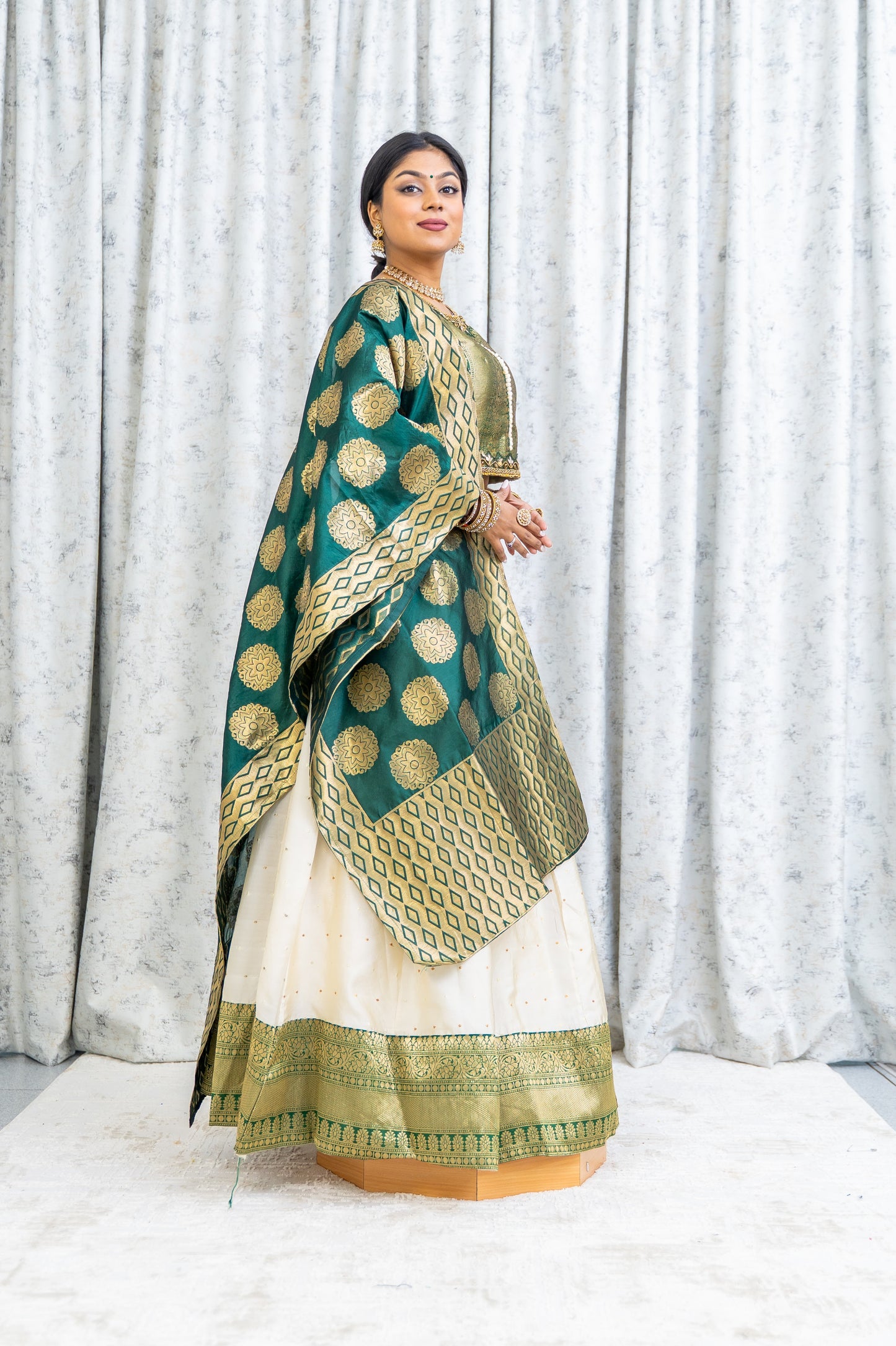 Cream & Green Brocade Border Lehenga Choli Set