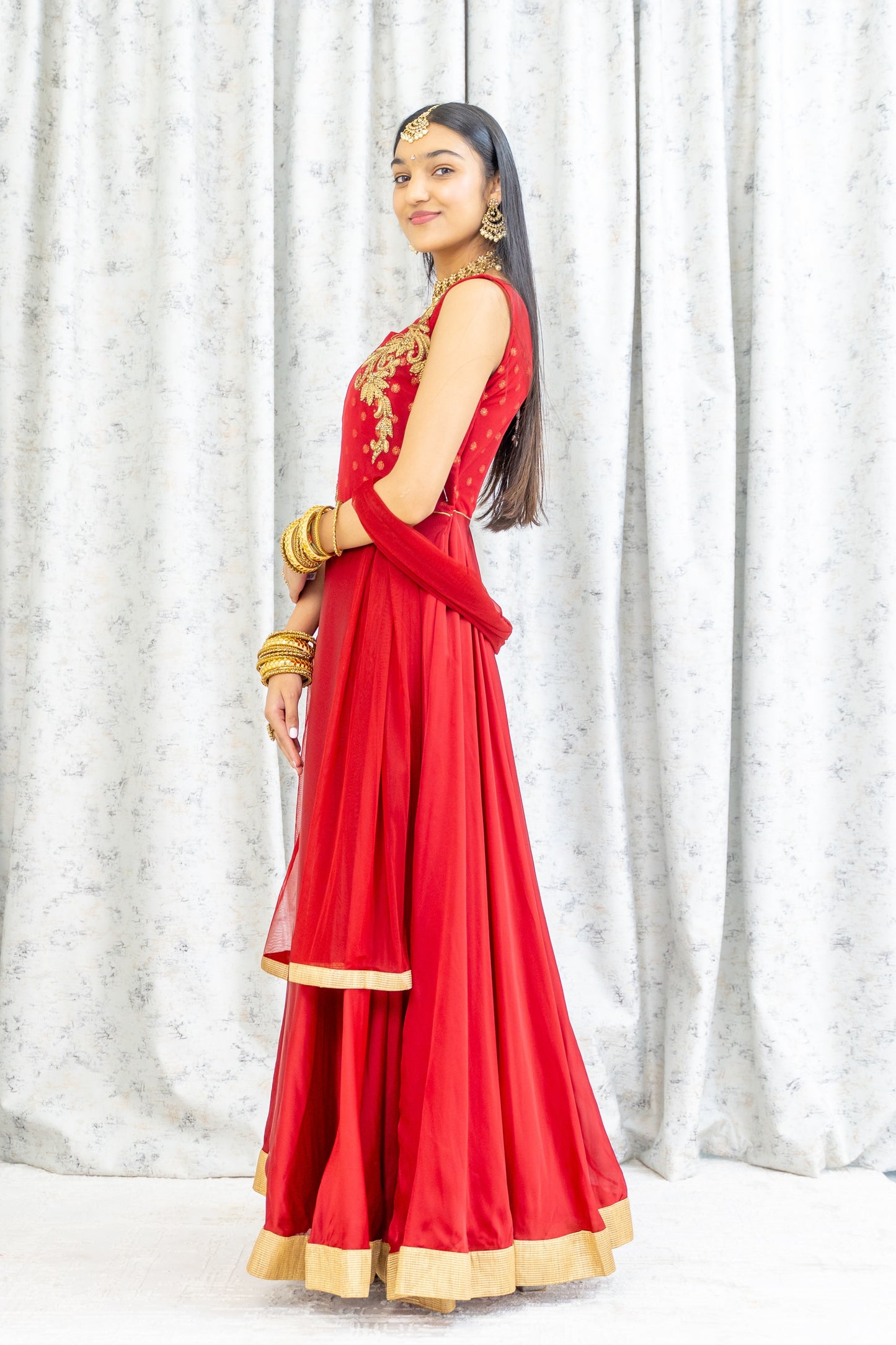 Red Chinon Silk Punjabi Set
