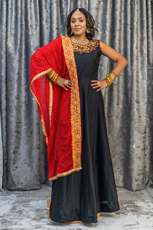 Black Raw Silk Punjabi Set with Contrast Dupatta
