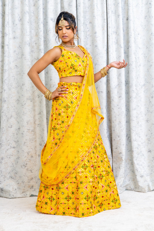 Yellow Colourful Cotton Lehnga Choli with Embroidery