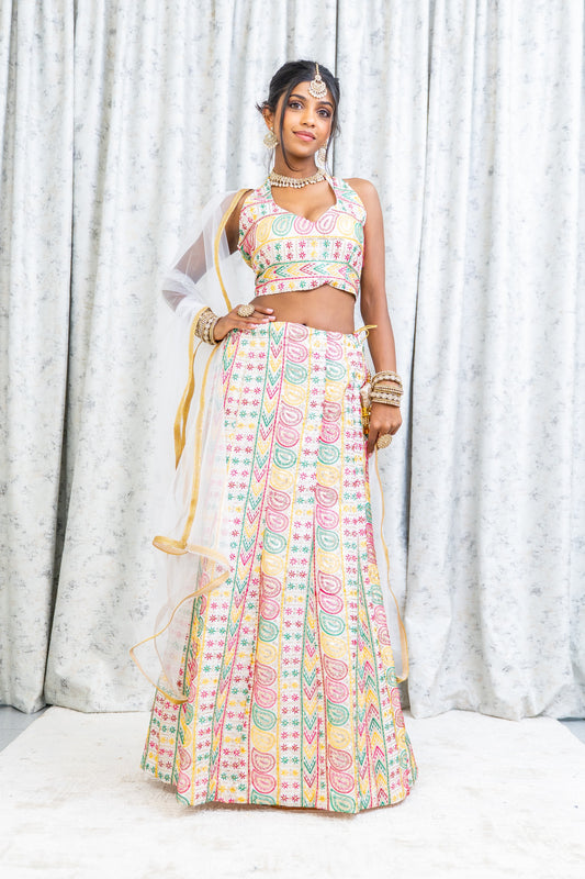 White Colourful Cotton Lehnga Choli with Embroidery