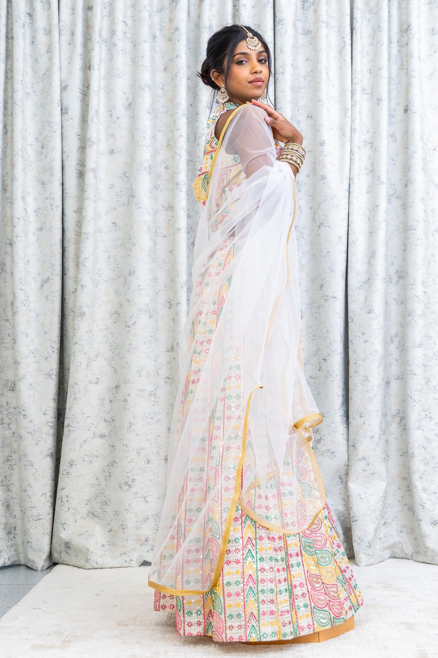 White Colourful Cotton Lehnga Choli with Embroidery