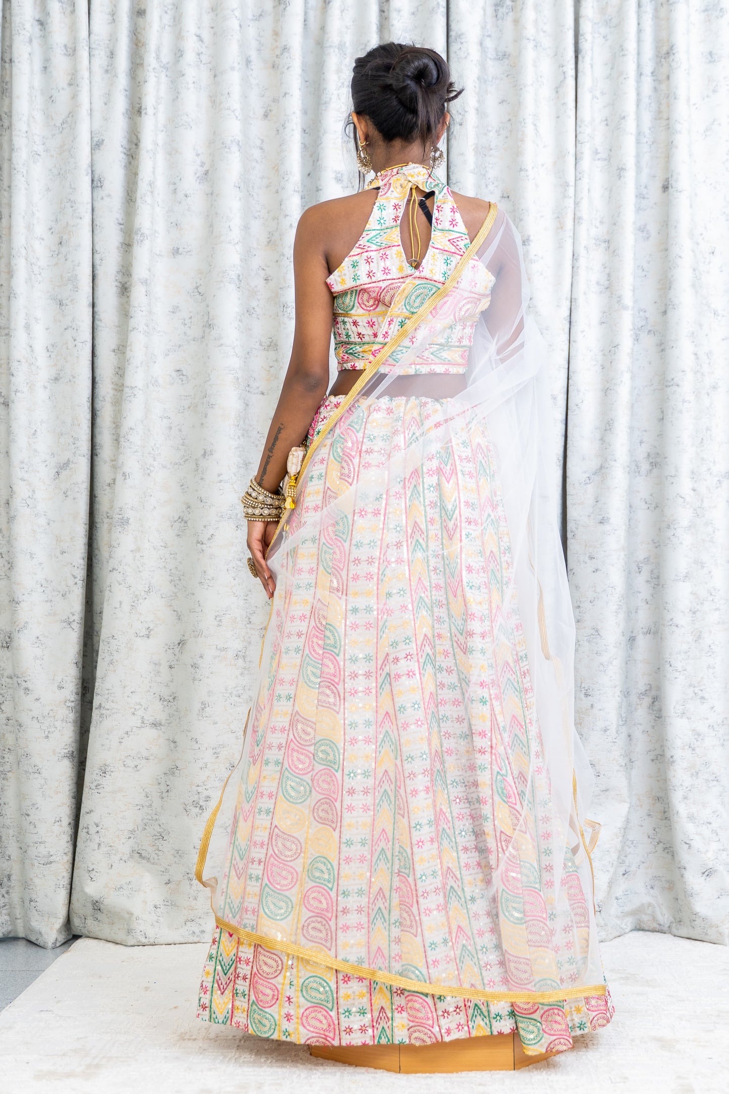 White Colourful Cotton Lehnga Choli with Embroidery