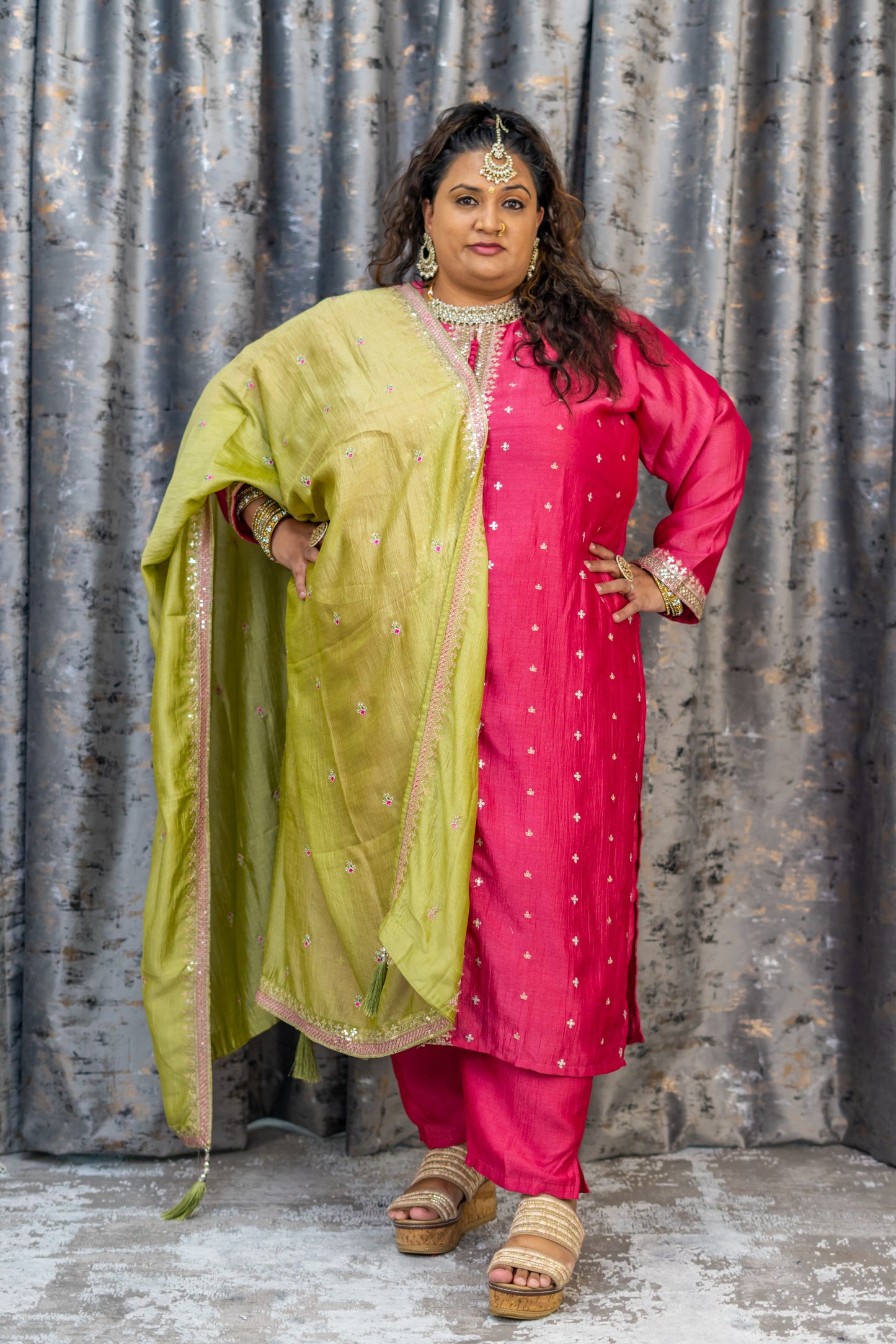 Coral Pink Chinon Silk Punjabi Set with Contrast Dupatta
