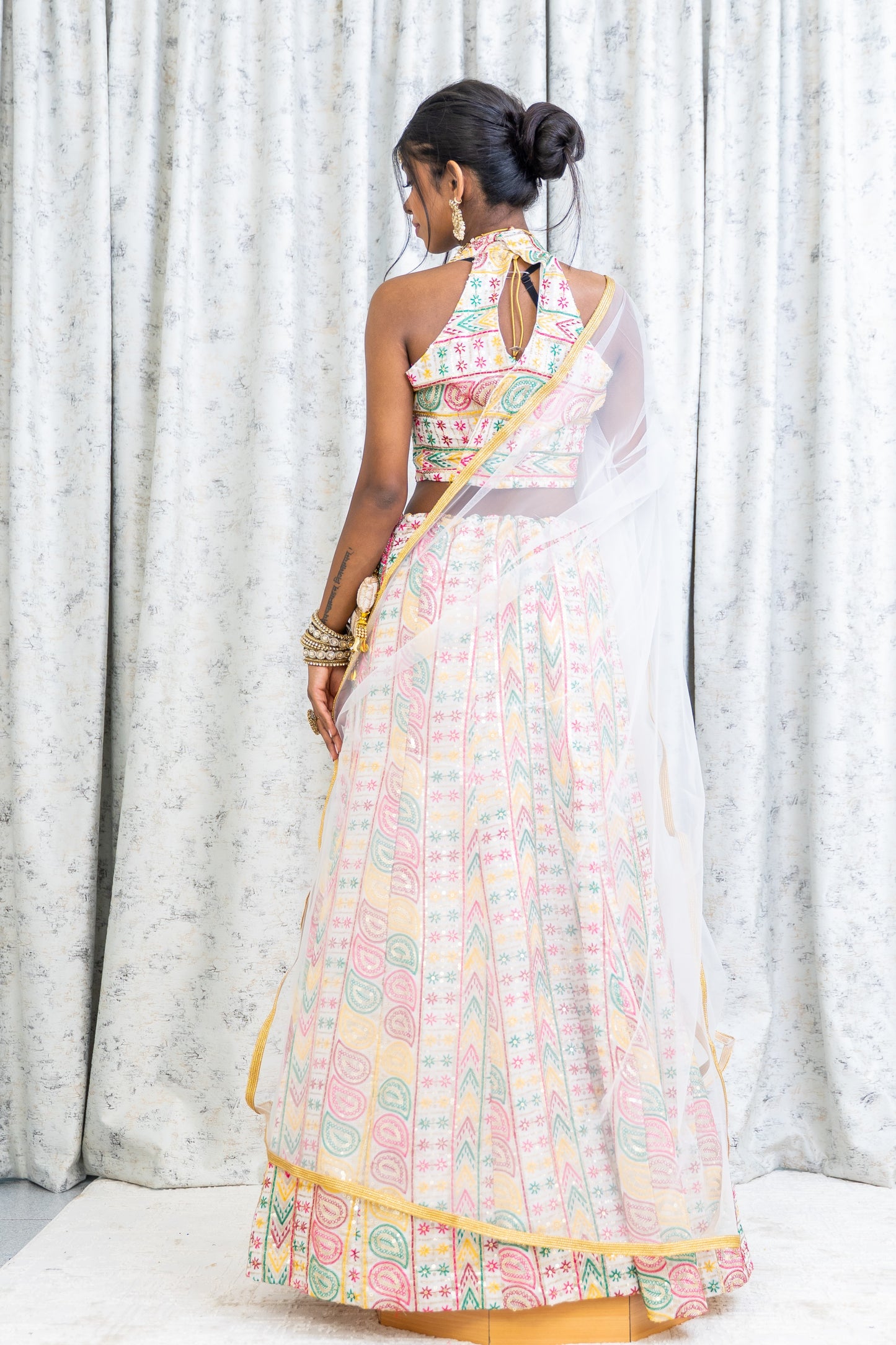 White Colourful Cotton Lehnga Choli with Embroidery