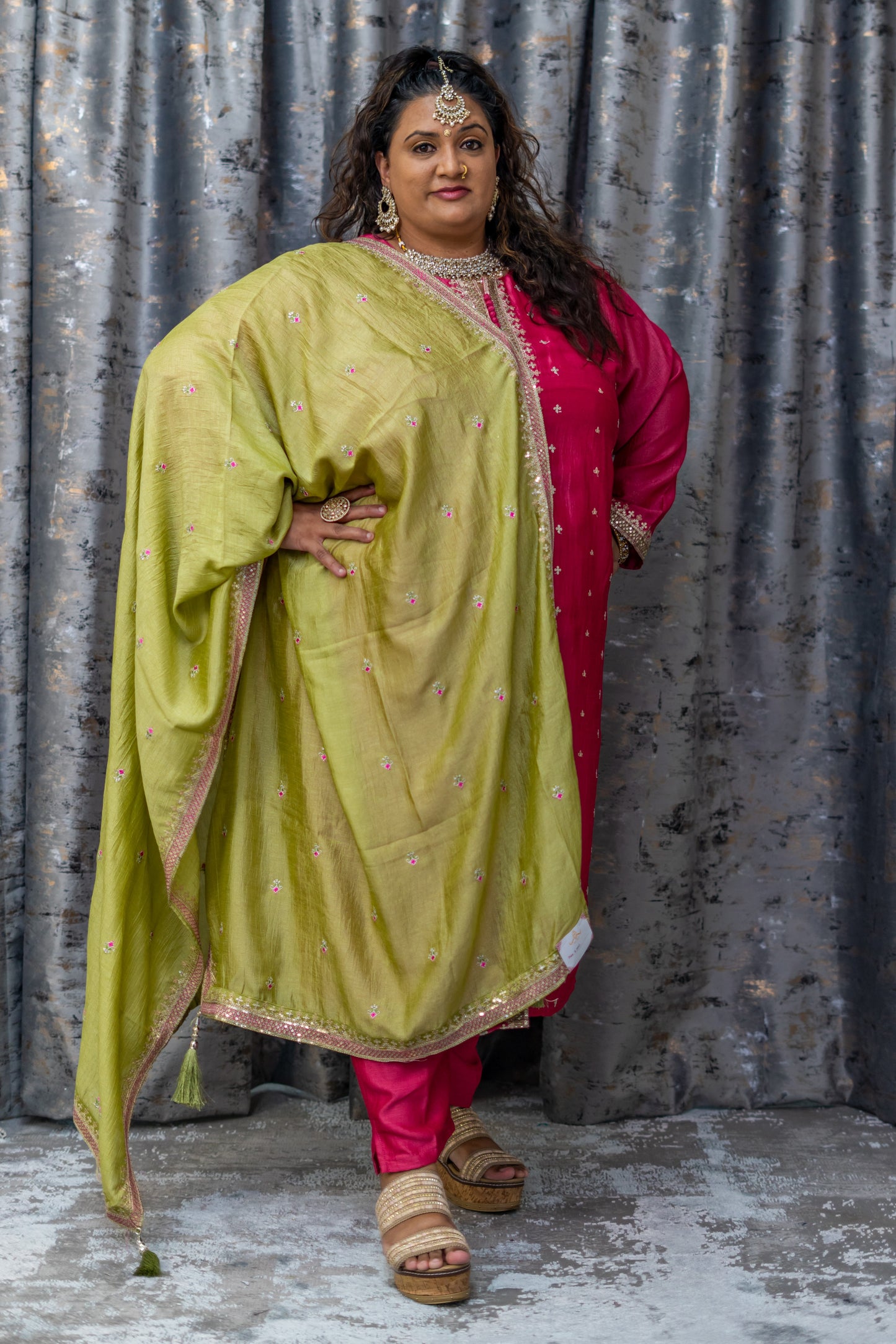 Coral Pink Chinon Silk Punjabi Set with Contrast Dupatta