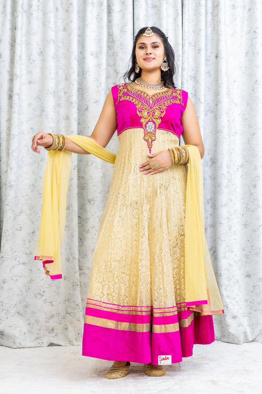 Cream Net Punjabi Set with Velvet and Swarovski Stone Work