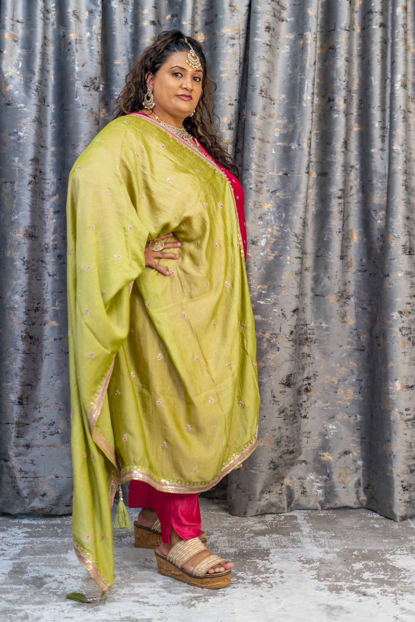 Coral Pink Chinon Silk Punjabi Set with Contrast Dupatta