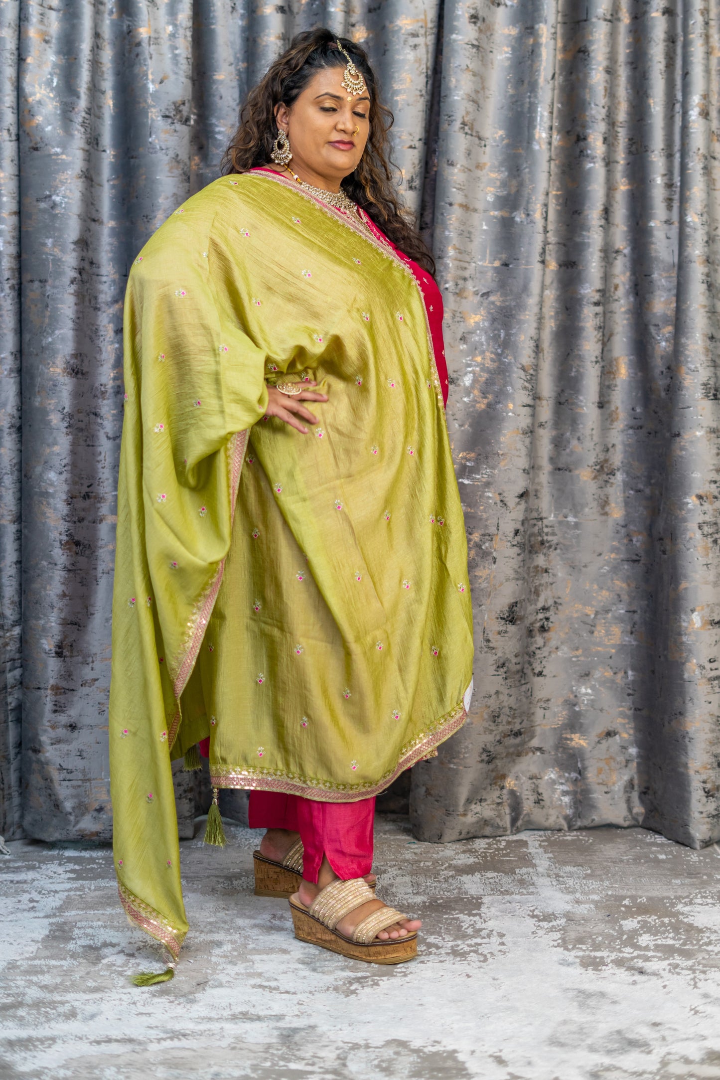 Coral Pink Chinon Silk Punjabi Set with Contrast Dupatta