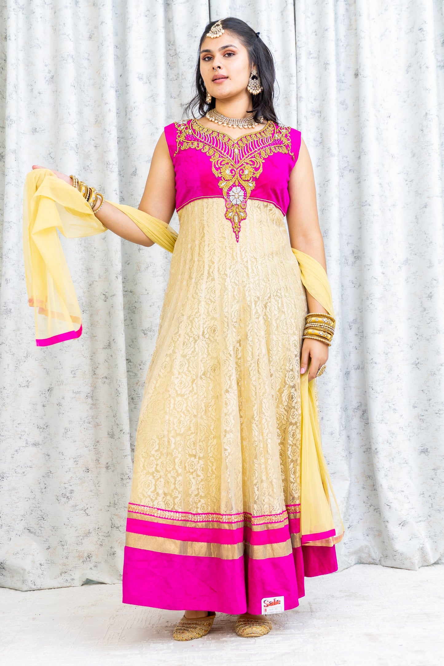 Cream Net Punjabi Set with Velvet and Swarovski Stone Work