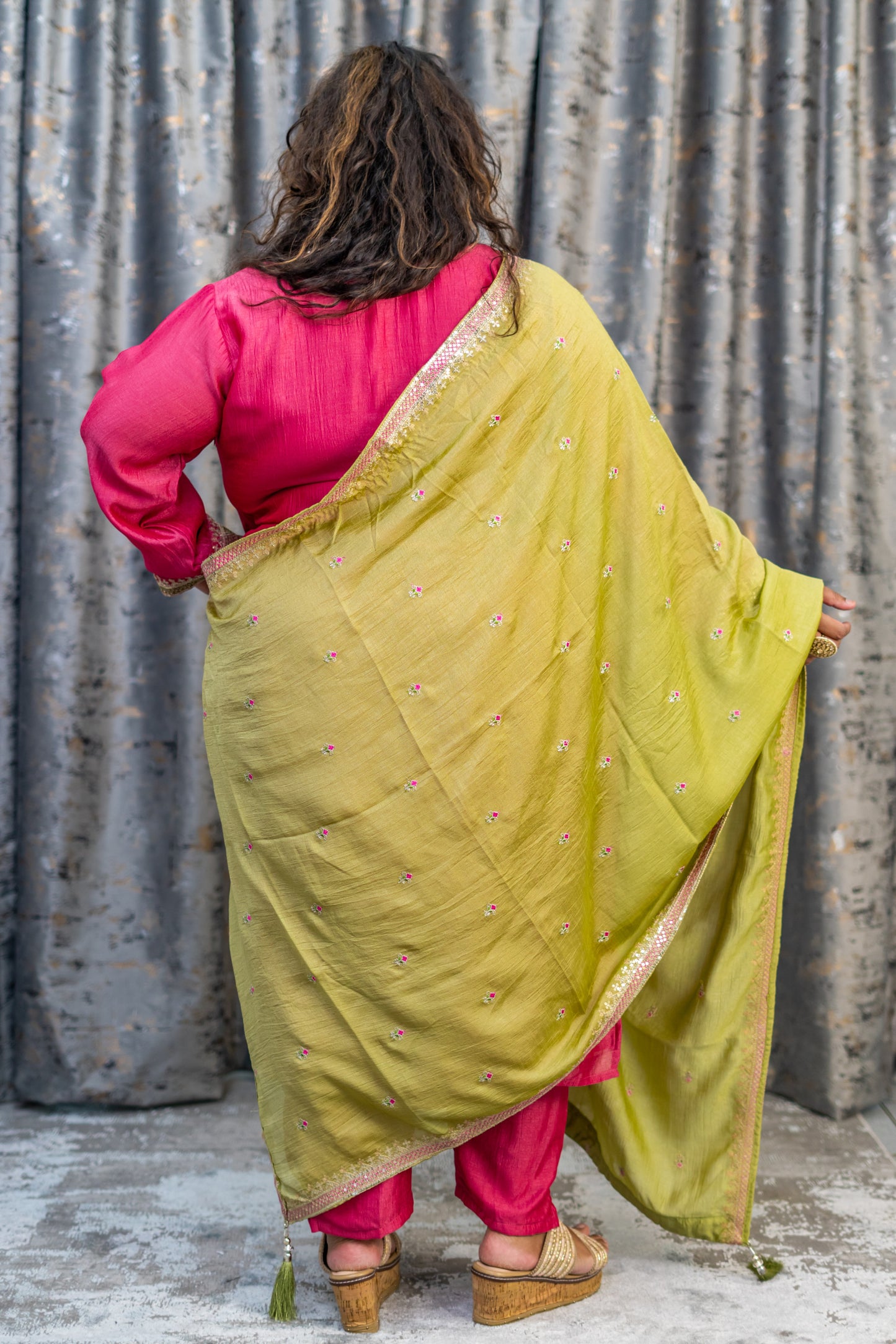 Coral Pink Chinon Silk Punjabi Set with Contrast Dupatta