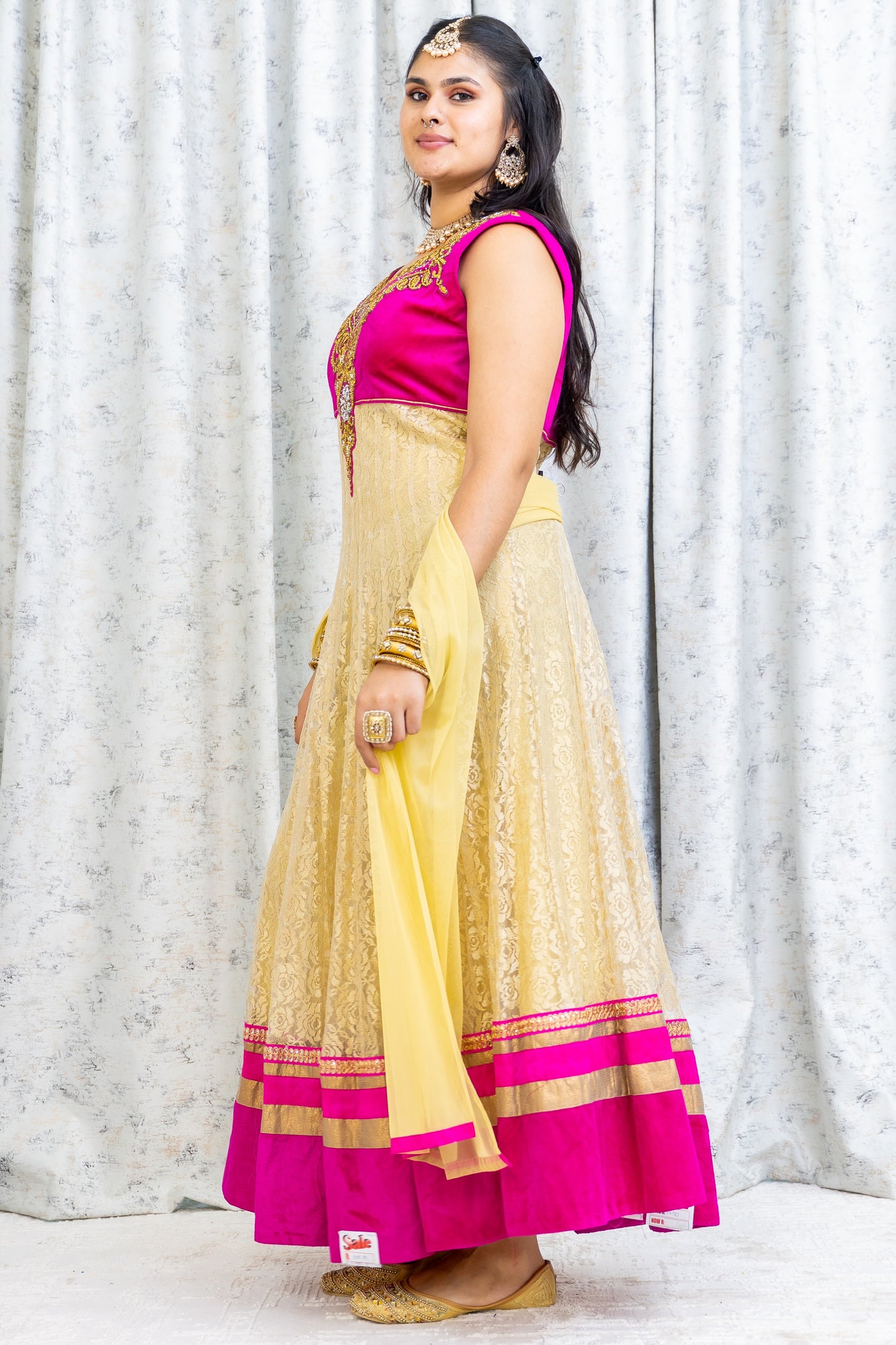 Cream Net Punjabi Set with Velvet and Swarovski Stone Work