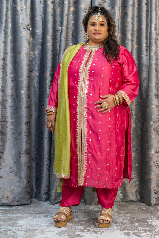 Coral Pink Chinon Silk Punjabi Set with Contrast Dupatta