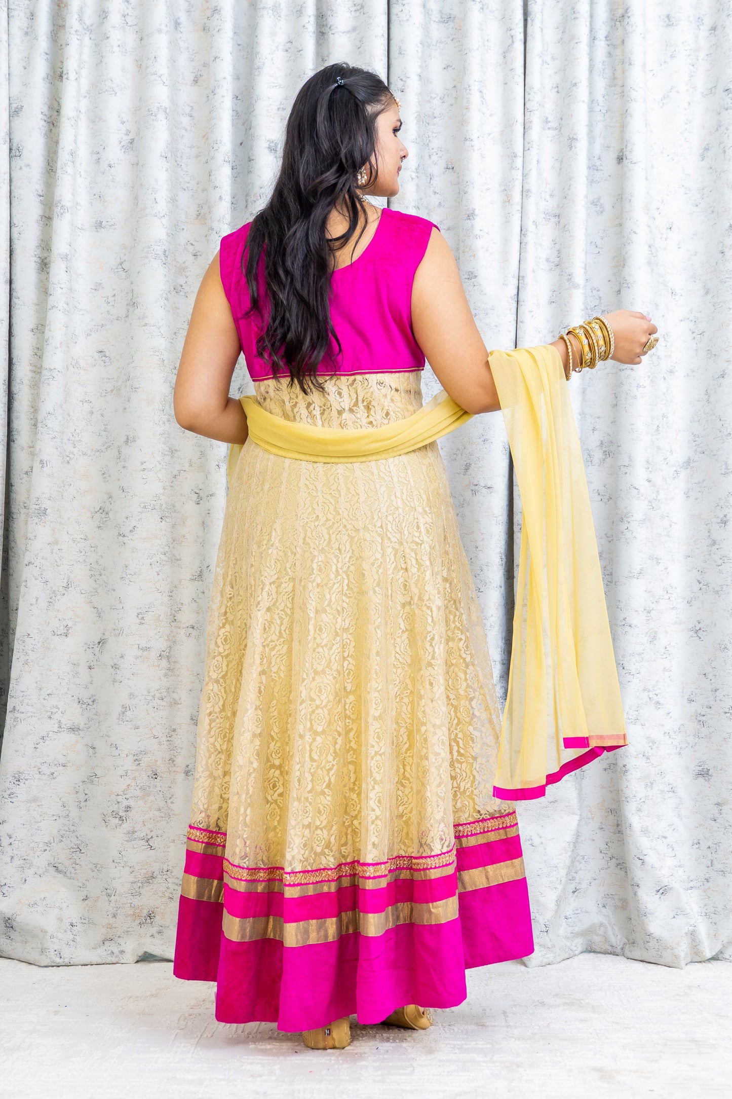 Cream Net Punjabi Set with Velvet and Swarovski Stone Work