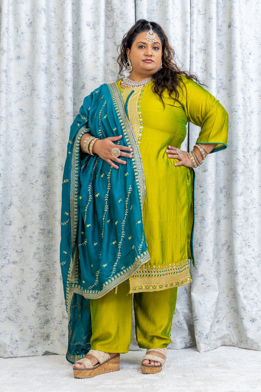 Lime Green & Teal Chinon Sil Punjabi Set