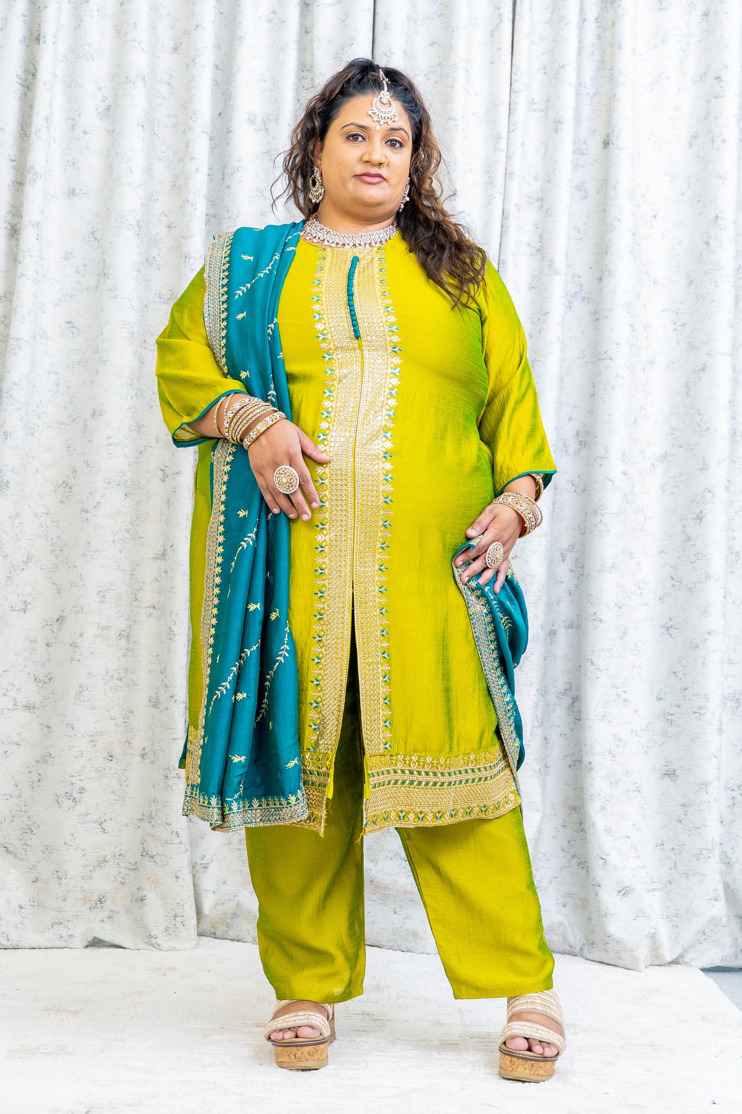 Lime Green & Teal Chinon Sil Punjabi Set