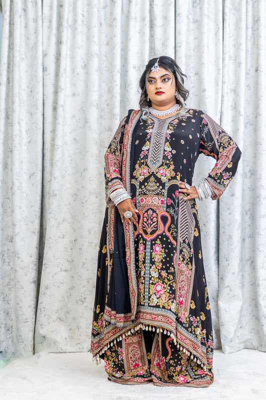 Black Colourful Printed Chinon Silk Punjabi Set